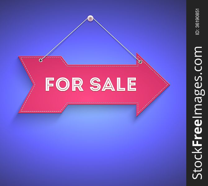 For sale, bright arrow hanging on the wall, Vector illustration for your business