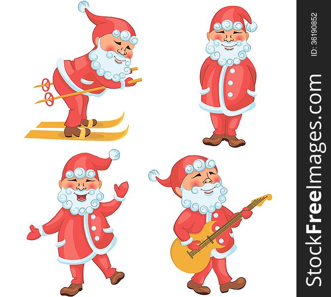 Santa Claus in different actions cartoon set