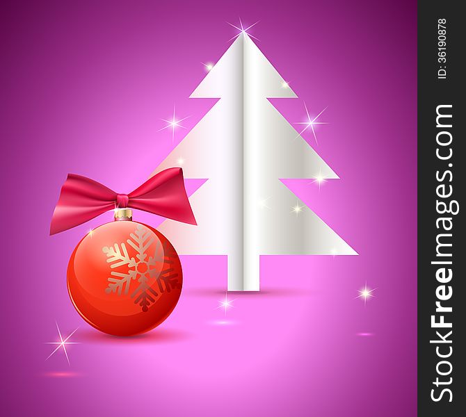 Christmas tree and ball on green background