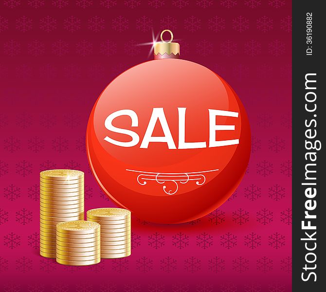 Gold coins and Christmas sale ball. Christmas and New Year Sale poster.