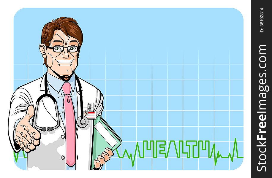 Illustration of friendly male doctor. On the background there is space for your text. Available in vector EPS format. Illustration of friendly male doctor. On the background there is space for your text. Available in vector EPS format.