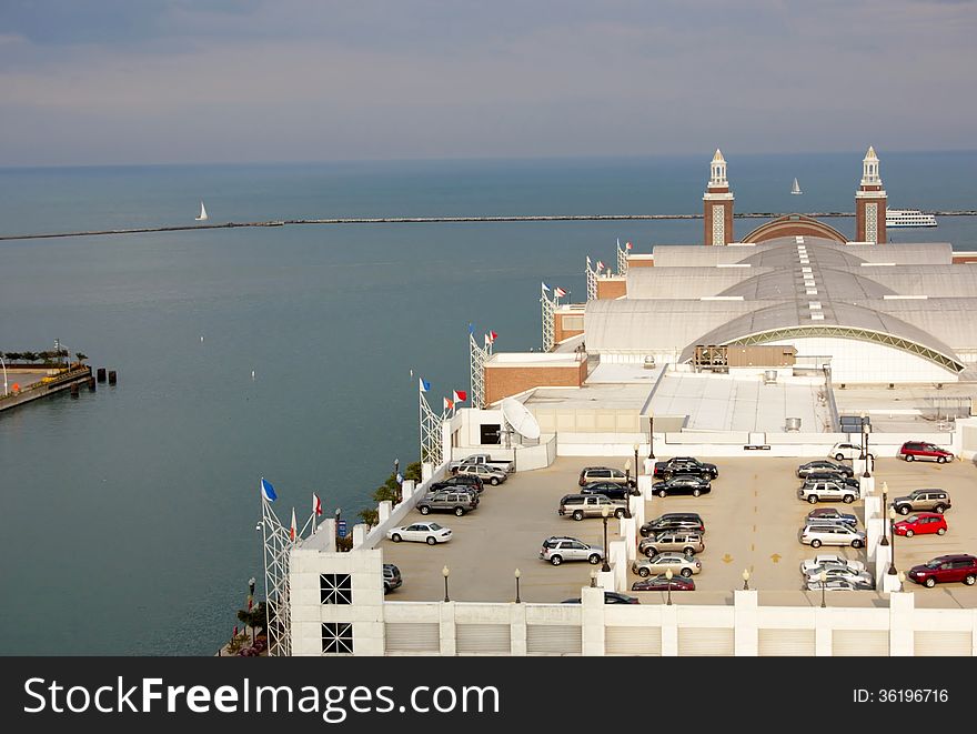 Parking on the roof of building in. Chicago with fantastic view on Michigan lake