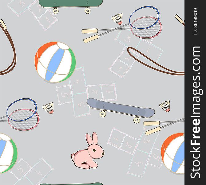Vector seamless pattern of scattered sporting equipment with a cute little pink rabbit including badminton rackets, a beach ball, skipping rope and skateboards. Vector seamless pattern of scattered sporting equipment with a cute little pink rabbit including badminton rackets, a beach ball, skipping rope and skateboards