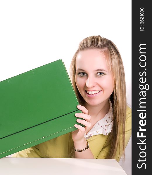 Portrait of female student with green folder