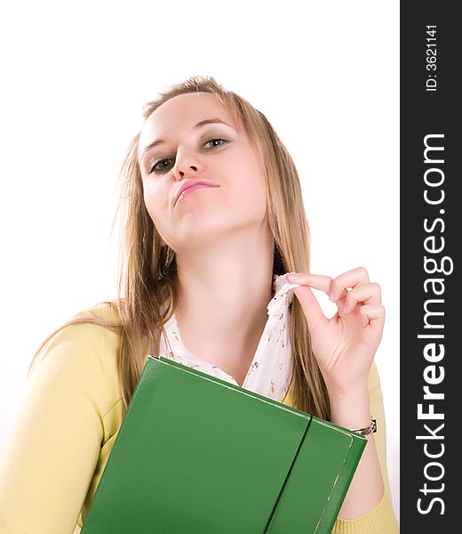 Confident girl with green folder. Confident girl with green folder