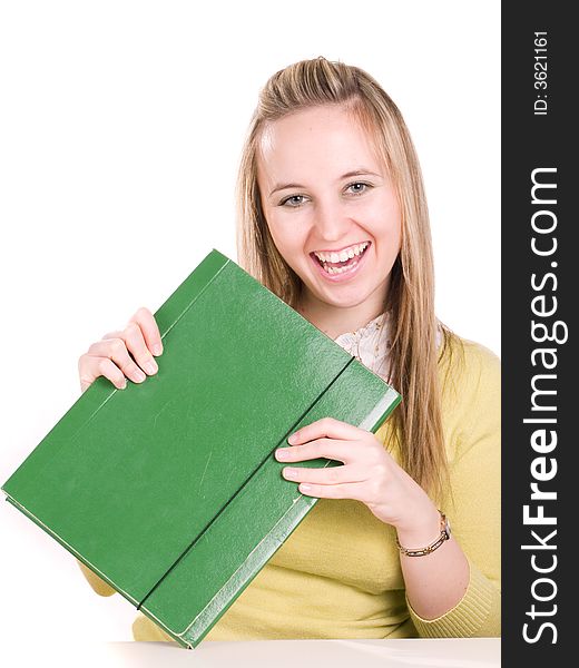Happines girl holding green folder. Happines girl holding green folder