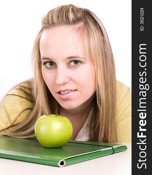 Sexy female student with green folder and apple