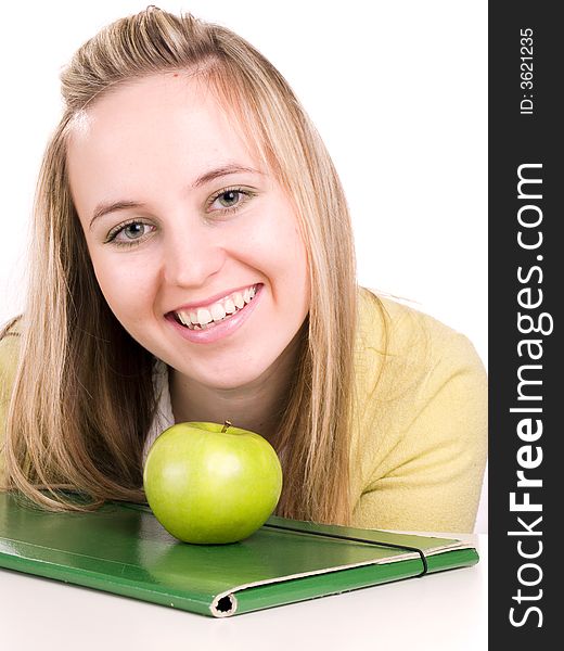 Smilling student with green folder and apple. Smilling student with green folder and apple