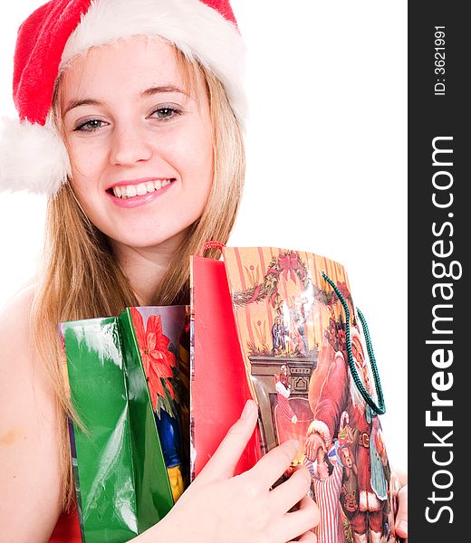 Blond girl holding chrismtas presents. Blond girl holding chrismtas presents