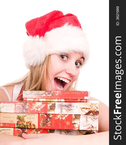 Smilling woman wearing a santa hat