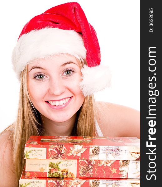 Woman Wearing A Santa Hat.