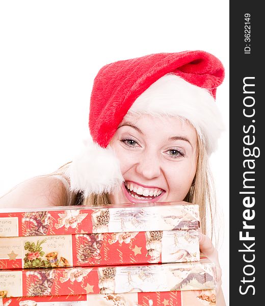 Young woman and christmas boxes.