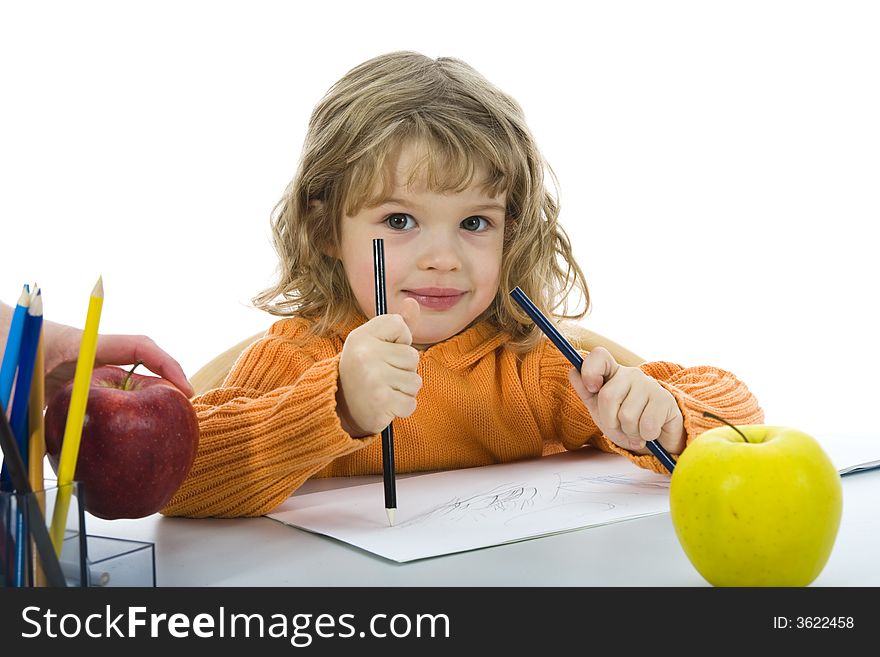 Beautiful little girl with pencils on isolated background