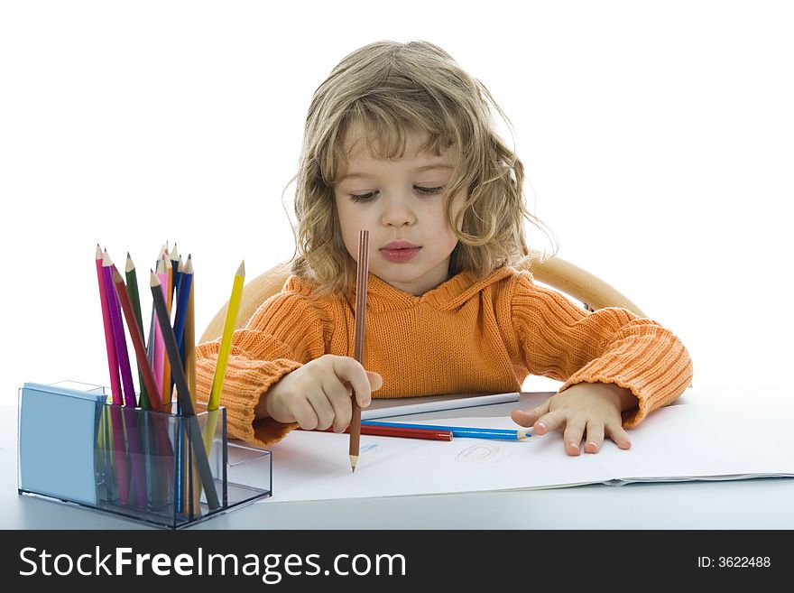 Beautiful little girl with pencils on isolated background