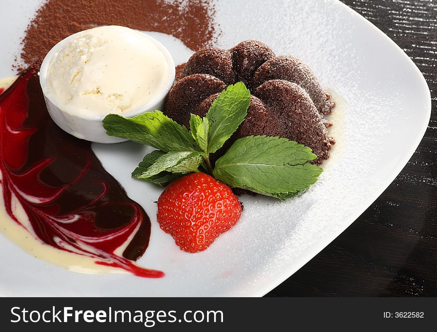 Delicious chocolate dessert with ice cream