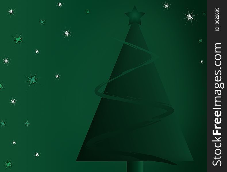 Abstract Christmas tree with garland and a star against a green gradient background with starburst accents.