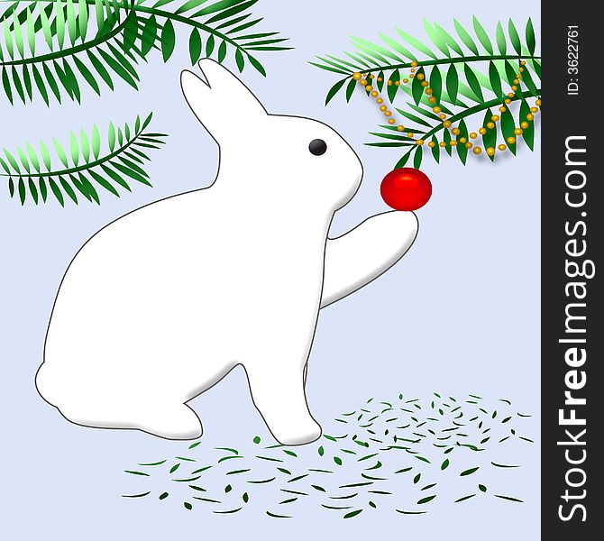 White bunny rabbit decorating Christmas tree with ornaments. White bunny rabbit decorating Christmas tree with ornaments