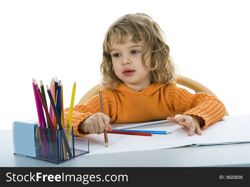 Beautiful little girl with pencils on isolated background