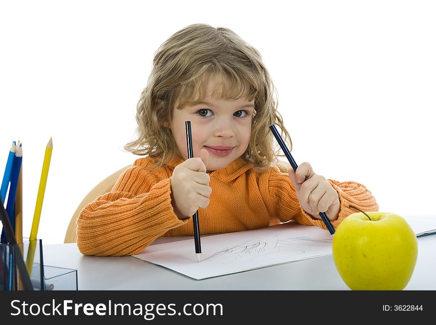 Beautiful little girl with pencils on isolated background