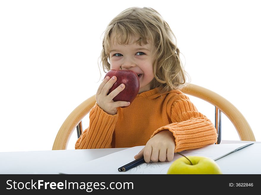 Beautiful little girl with pencils on isolated background