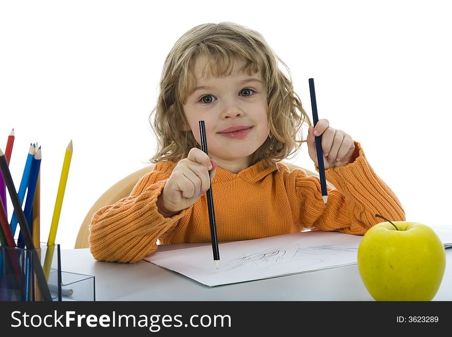 Beautiful little girl with pencils on isolated background