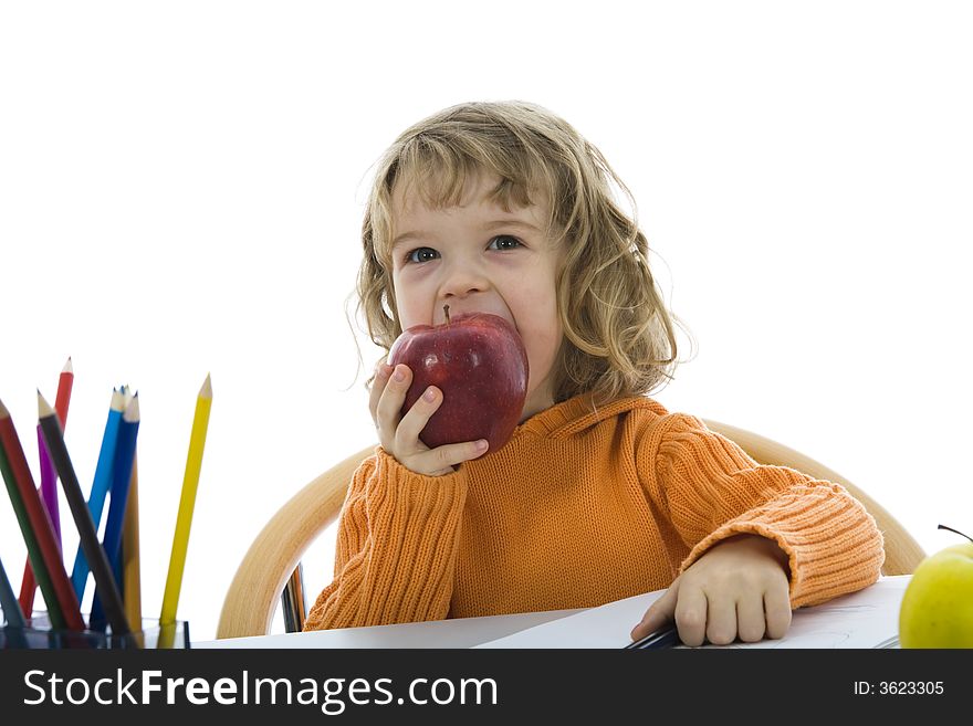 Beautiful little girl with pencils on isolated background