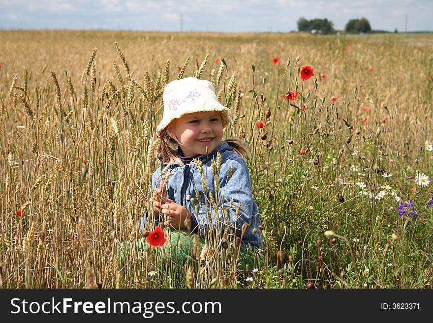 A girl holding red poppy flower,squatting in the wheat field