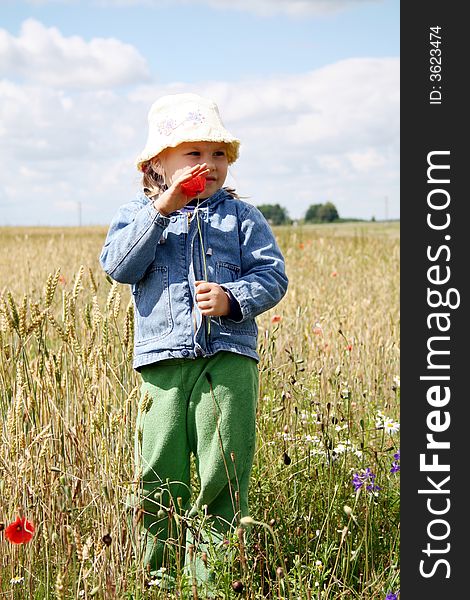 A girl holding red poppy flower,standing in the wheat field