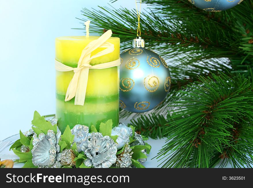 Christmas ornaments.Gray ball ,fir-tree,candle,flowers.