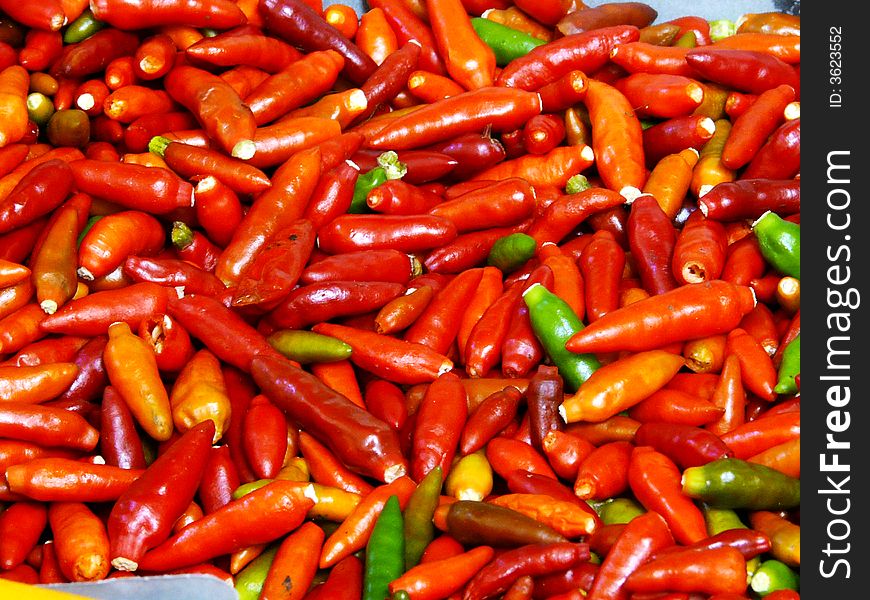 Close up view showing red hot chillies ready for sell in the market