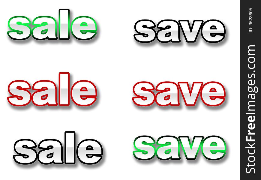 Banners reading sale and save in three different colours. Banners reading sale and save in three different colours