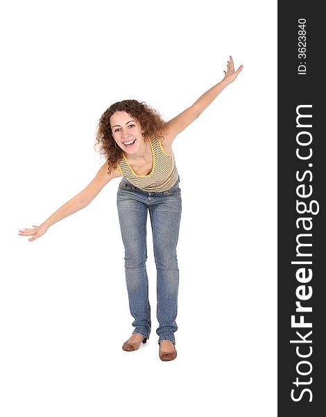 Girl with hands like wings on the white background