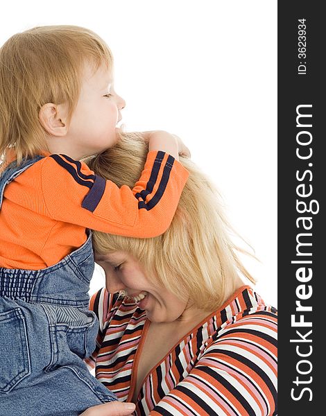 Happy family mother and baby over white background