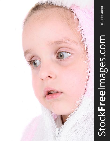 Face of young girl in the pink on the white background. Face of young girl in the pink on the white background