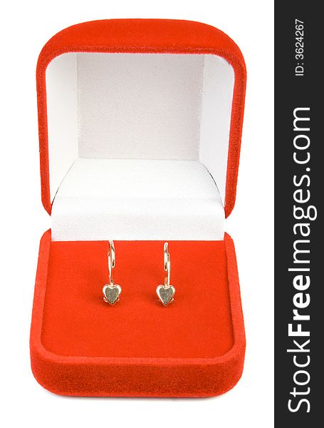 Earrings in red box. Isolate on white.