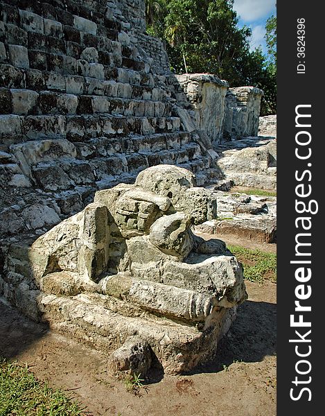 Jaguar Statue at Foot of Mayan Temple in the Yucatan