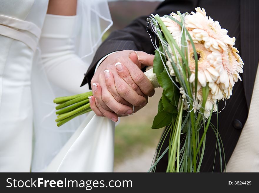 Detail - Bride and groom holding hands and bridal bouquet. Detail - Bride and groom holding hands and bridal bouquet