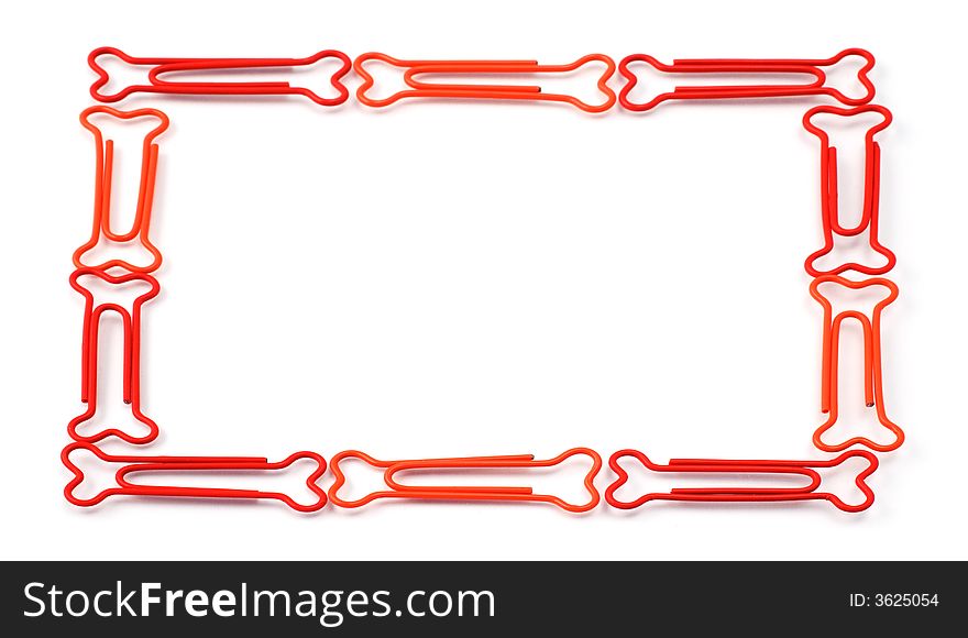 Colored bone-shaped paper clips isolated on white forming a frame