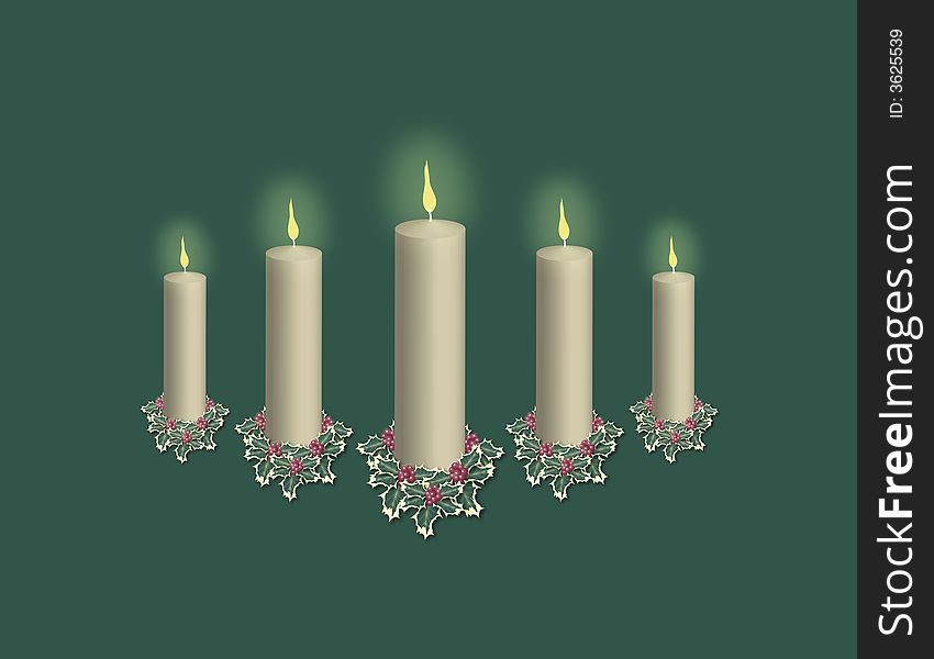 Ivory pillar christmas candle display on green, room for text above and below. Ivory pillar christmas candle display on green, room for text above and below