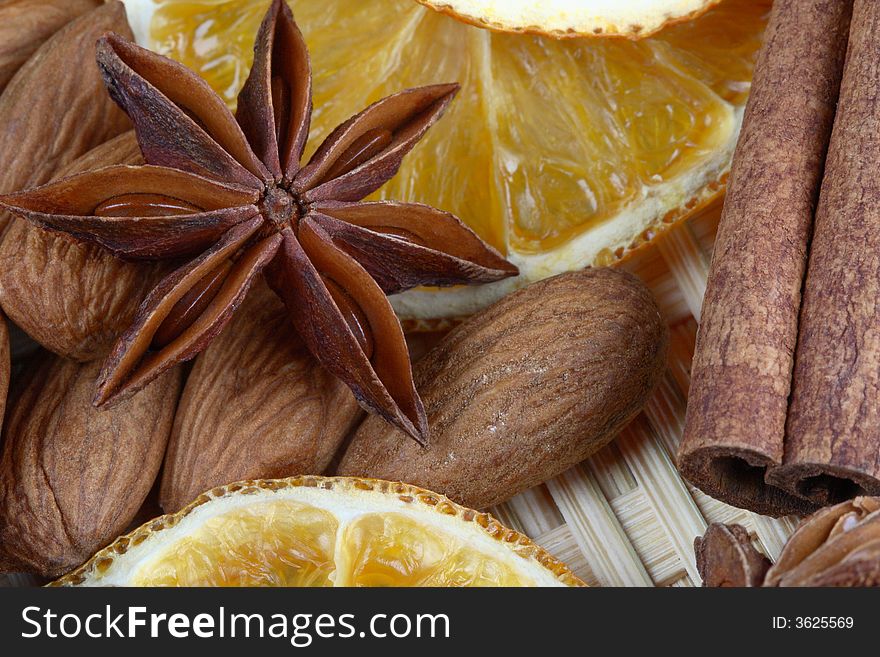 Anise, cinnamon, dried orange and almonds. Anise, cinnamon, dried orange and almonds