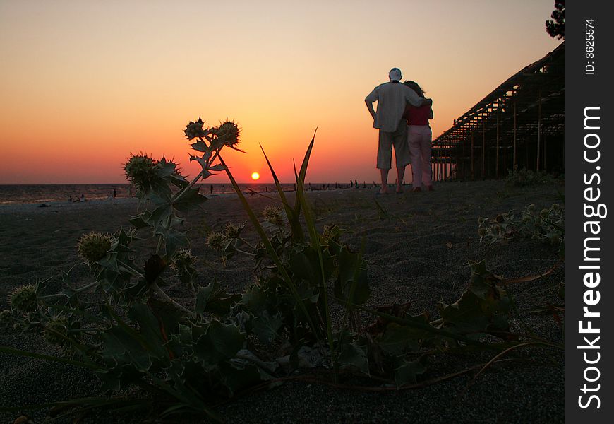 A couple enjoying a romantic walk on the beach at sunset.