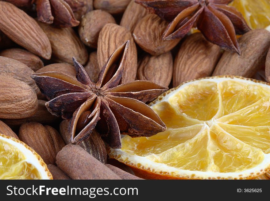 Anise, dried orange and almonds. Anise, dried orange and almonds