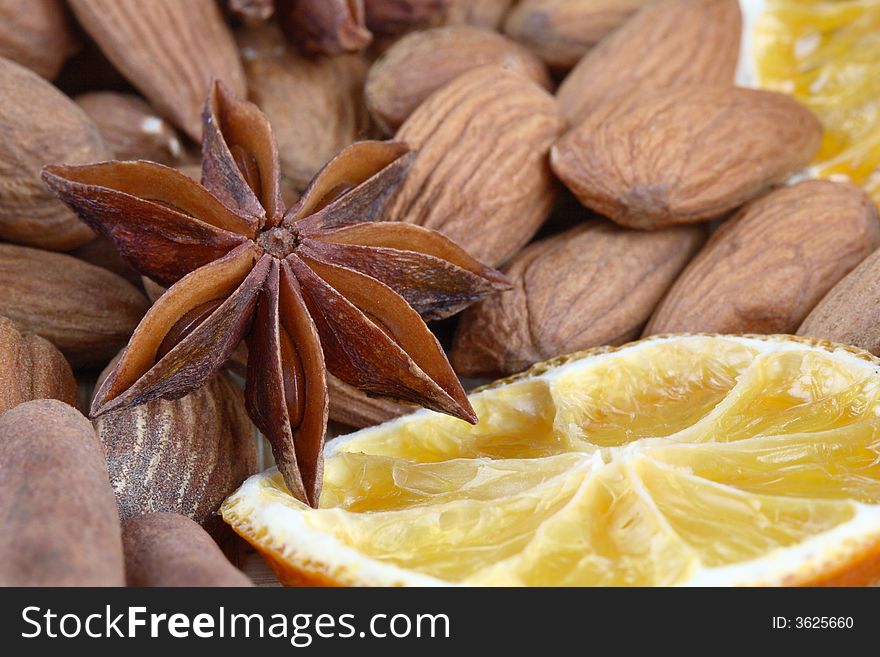 Almonds, anise and dried orange. Almonds, anise and dried orange