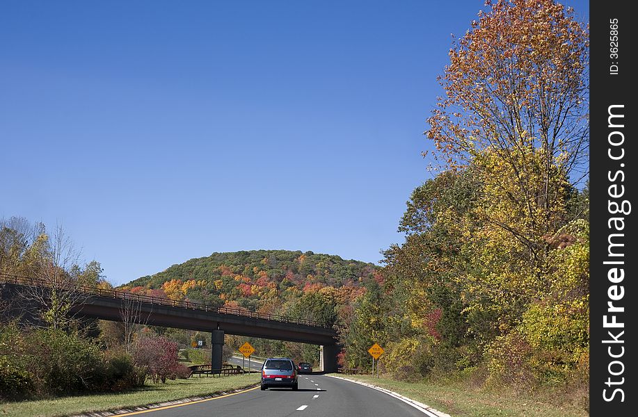 Landscape with road, bridge, cars and autumn leaves on a sunny day. Landscape with road, bridge, cars and autumn leaves on a sunny day
