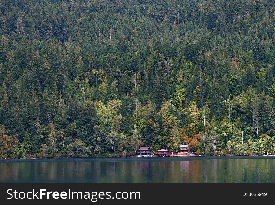 Houses on shores of Lake Crescent, Olympic National Park, Washington