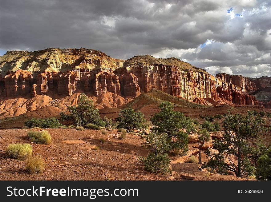 The well-known canyon of red rocks, clouds and a tree. The well-known canyon of red rocks, clouds and a tree