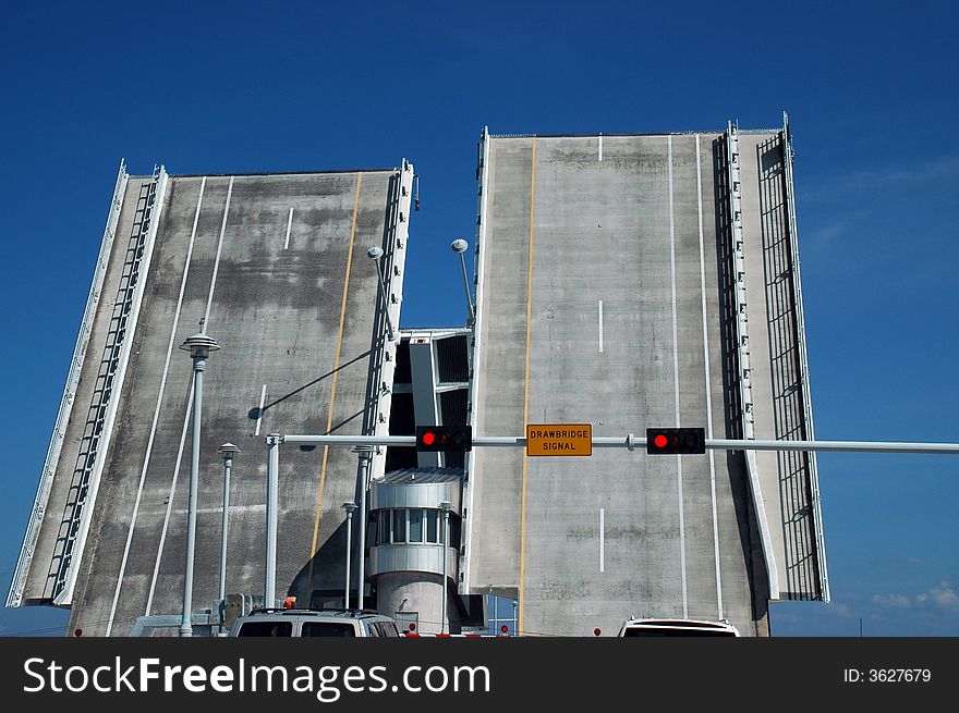 View of Two Lane Bascule Bridge in Lifted Position in South Florida