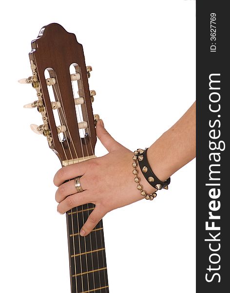 Hand of the girl, signature stamp of a guitar, finger with a ring. Hand of the girl, signature stamp of a guitar, finger with a ring