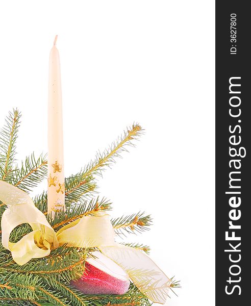 Christmas candle with gold ribbon isolated on white. Christmas candle with gold ribbon isolated on white