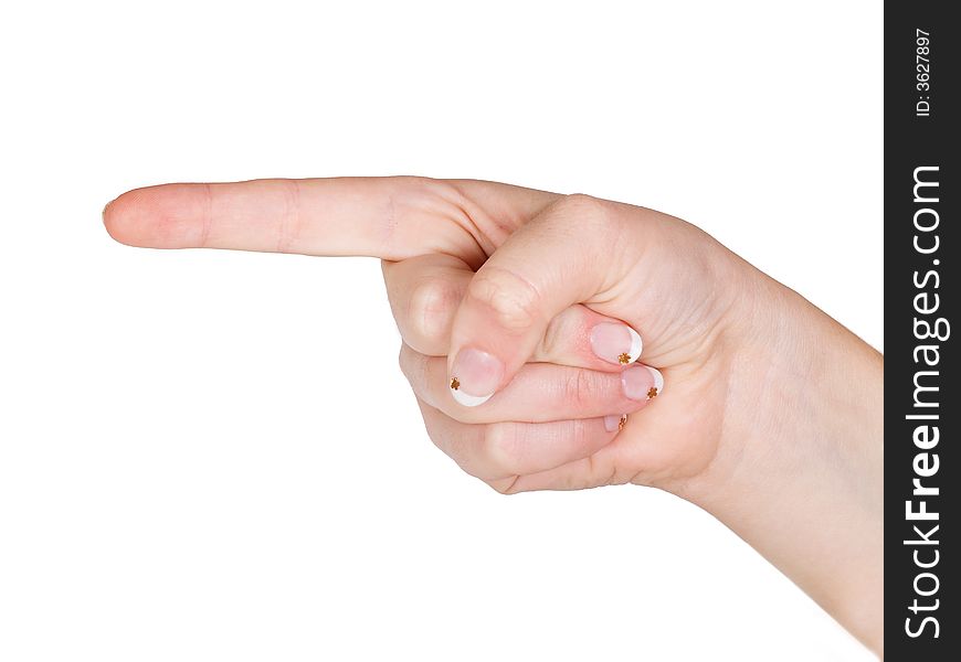 Women hand with one finger pointing left on white background. Women hand with one finger pointing left on white background